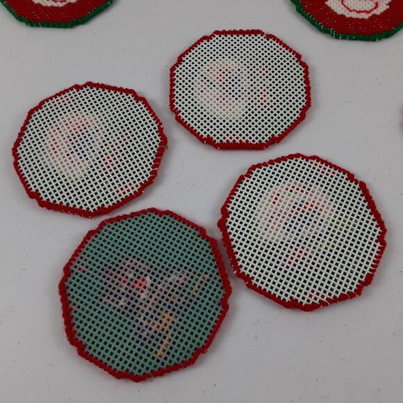 Vintage Handmade Needlepoint Canvas Christmas Coasters with Holder 9 Pc Snowmen - Picture 6 of 16